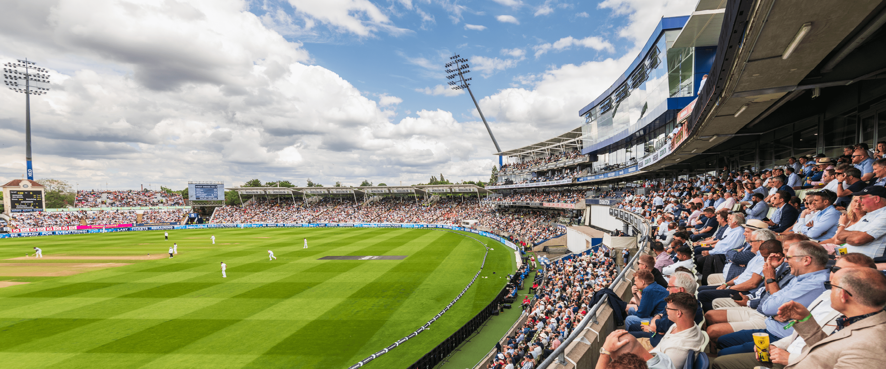 The crowd and view of the cricket pitch at Edgbaston Stadium for the test match