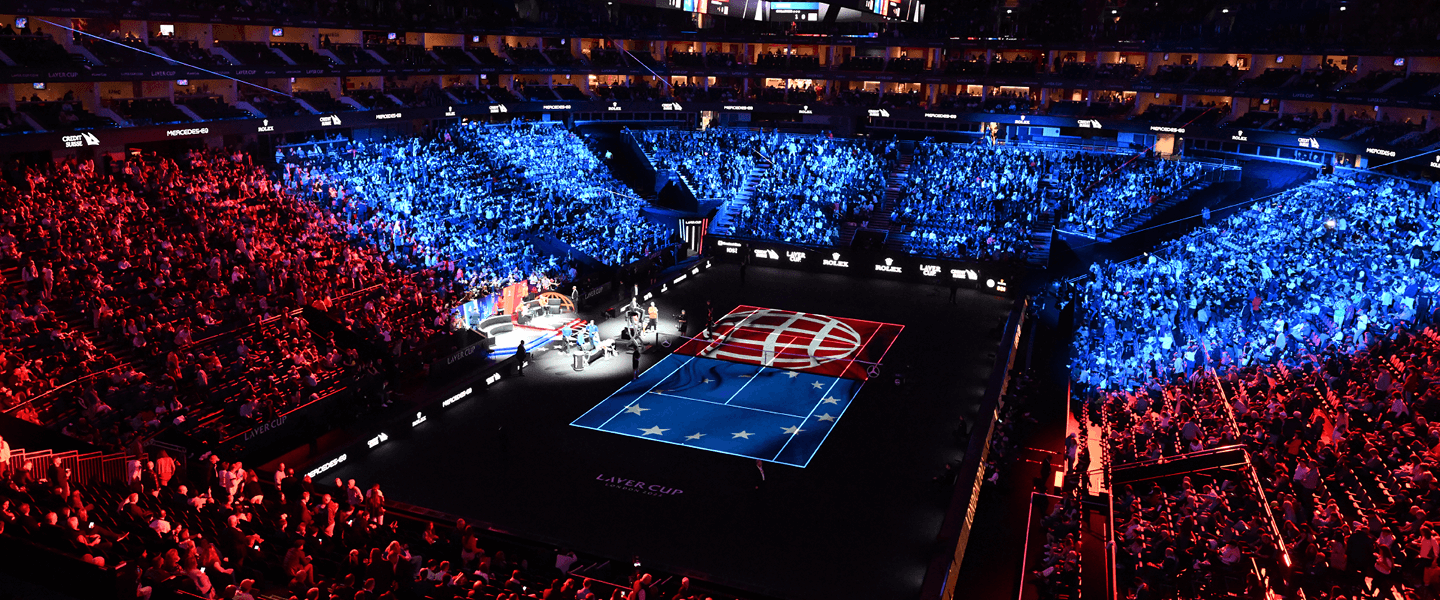 A packed out centre court at the Laver Cup tennis tournament, where team Europe takes on the rest of the world