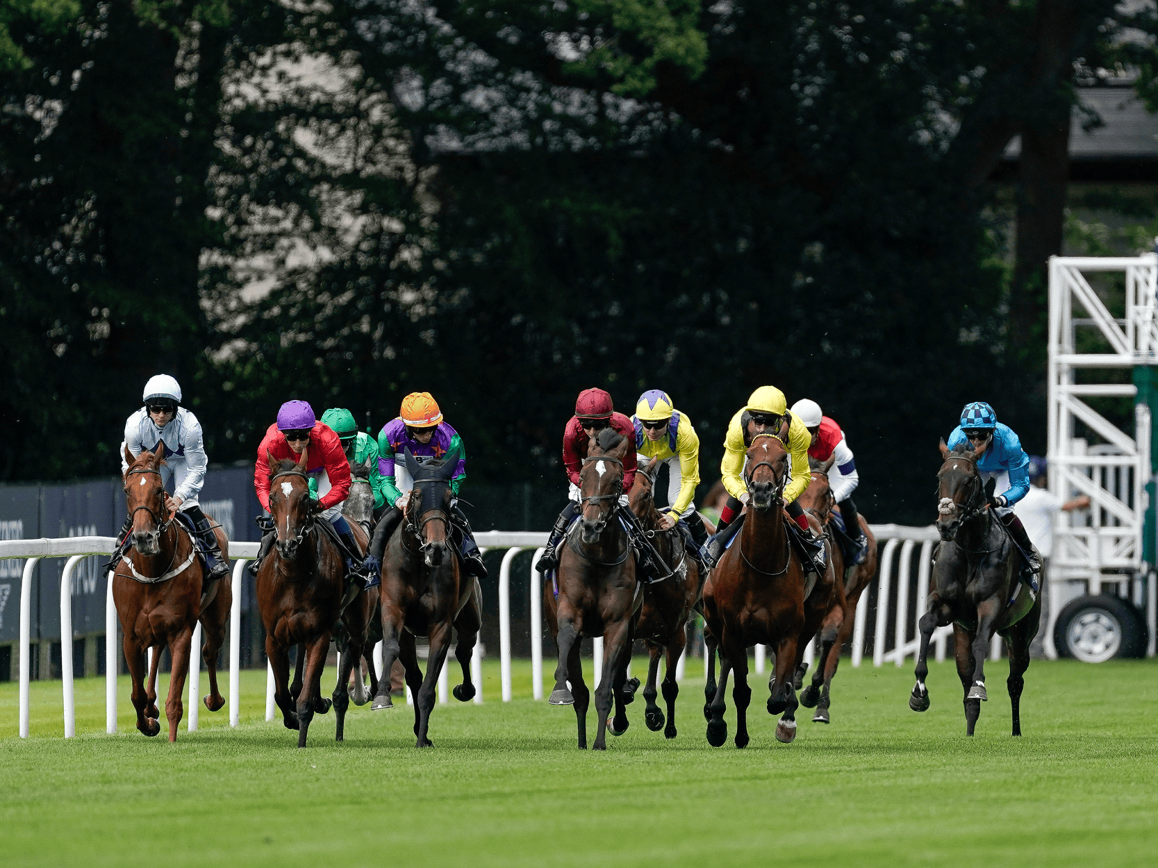 View of jockeys riding horses during a race at Ascot Racecourse along the winning straight