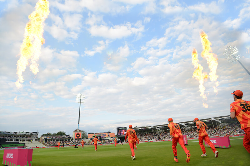 Birmingham Phoenix cricket team running out onto the pitch at The Hundred in 2021